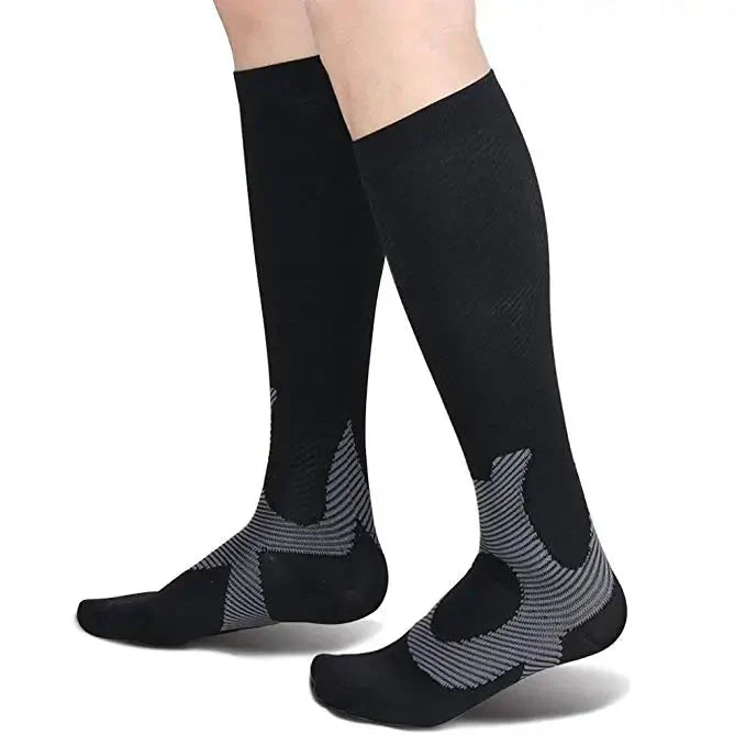 Showlu men's compression golf socks, knee-high nylon stockings with supportive fit and breathable fabric for active wear.