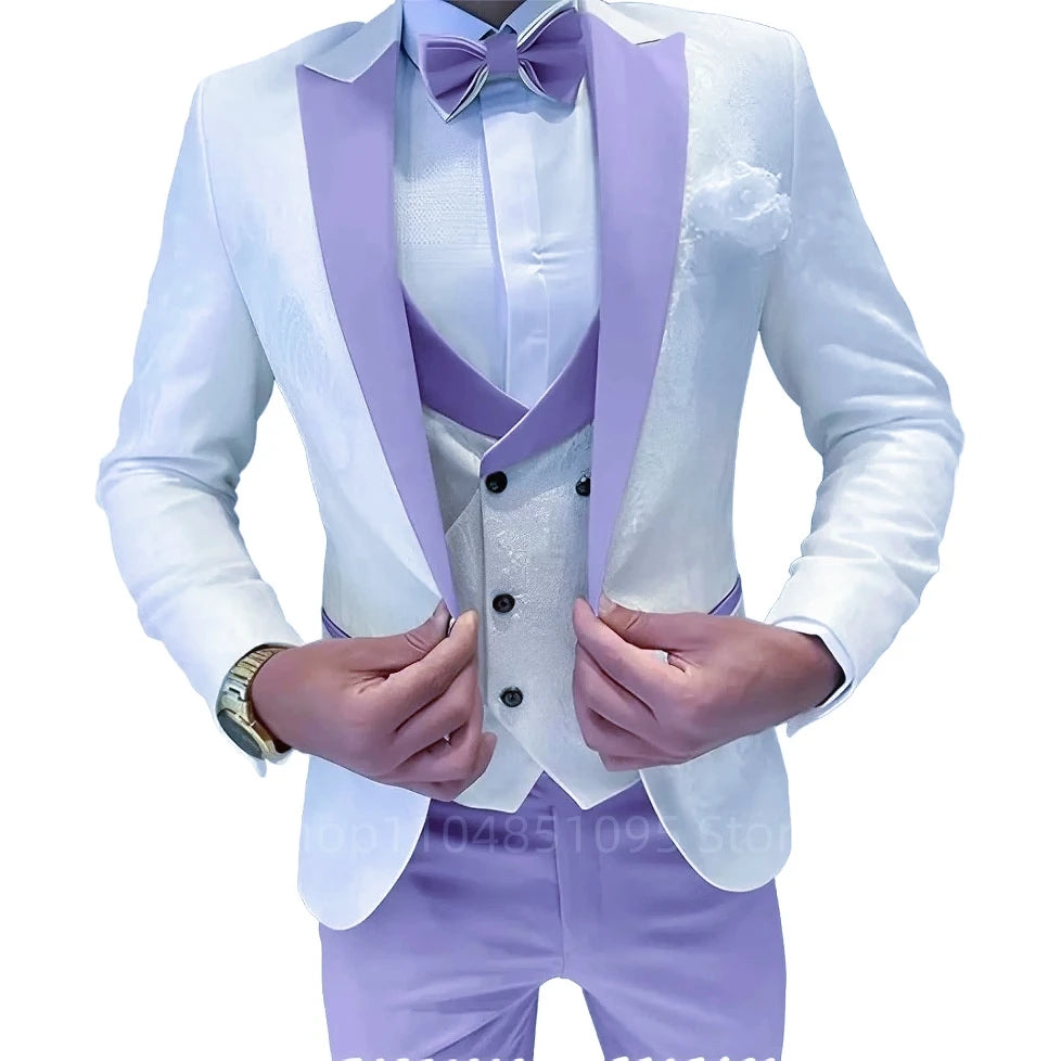 Men's formal groom suit by Showlu Fashion with jacquard fabric, including blazer, vest, and pants, perfect for weddings and business.