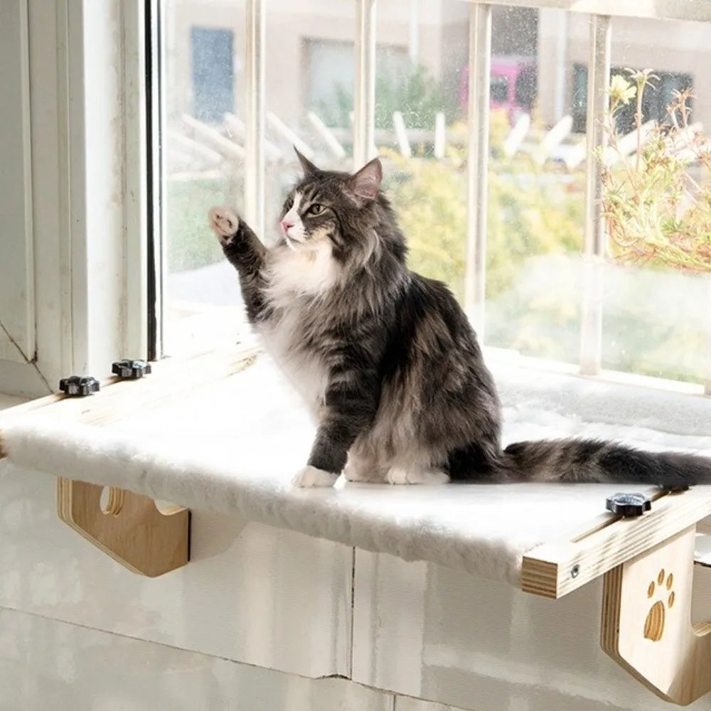 Showlu Wooden Frame Cat Window Hammock with paw print design, sturdy wooden structure, and cozy bed for feline relaxation.