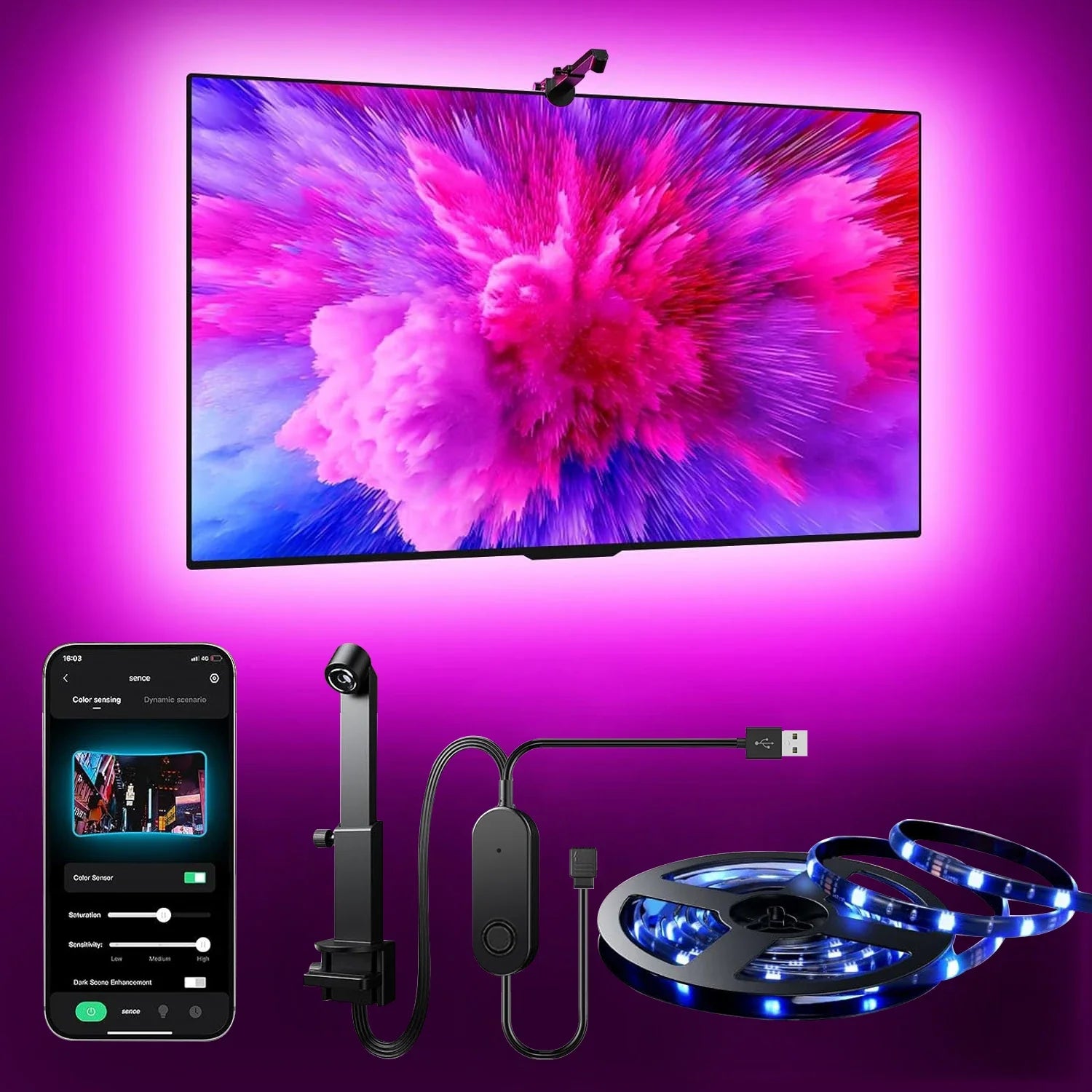 RGB LED backlight strip with color sensor for TVs, 5V, by Showlu Smart General, showing colorful LED strip with sensor components