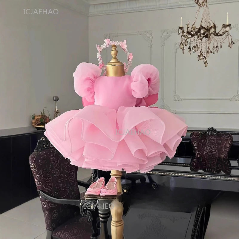Party Dress with Wings Cute Tutu Fairy Costume Pink Children Girls Short Kids First Birthday Celebration Princess Pageant Gown