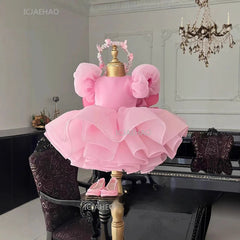 Party Dress with Wings Cute Tutu Fairy Costume Pink Children Girls Short Kids First Birthday Celebration Princess Pageant Gown
