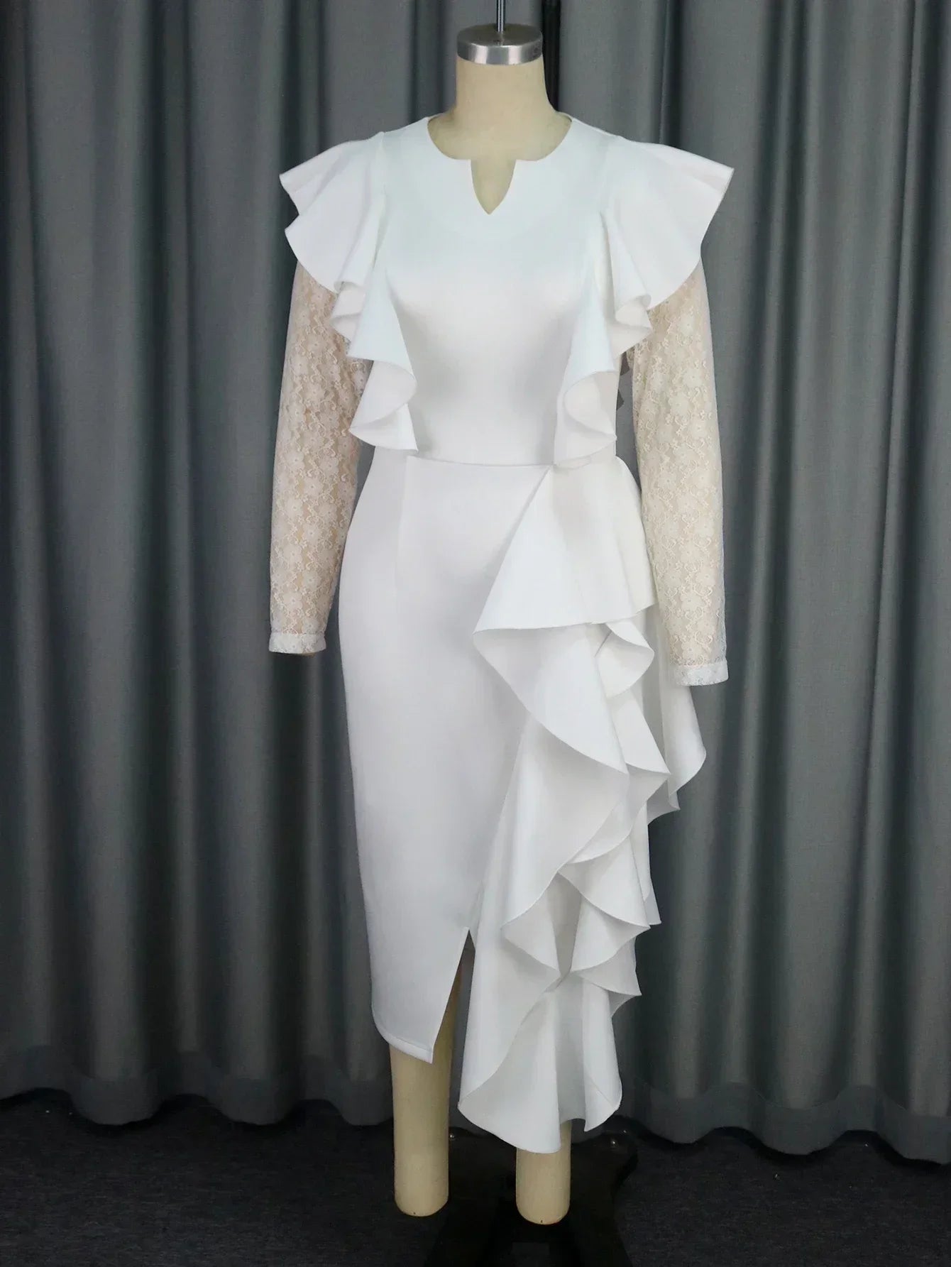 Elegant white lace sleeve wedding guest dress by SHOWLU FASHION STORE featuring a V-neck and midi length.