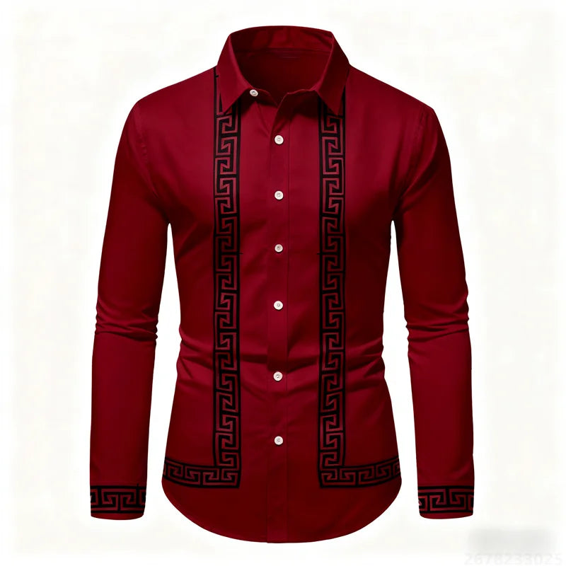 Men's retro geometric print long-sleeve shirt in black and white, slim fit, stylish casual top by Showlu Fashion Store.