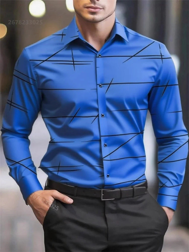 Men's long-sleeved casual shirt with geometric 3D printed lines, lapel collar, large size, suitable for office or business wear.