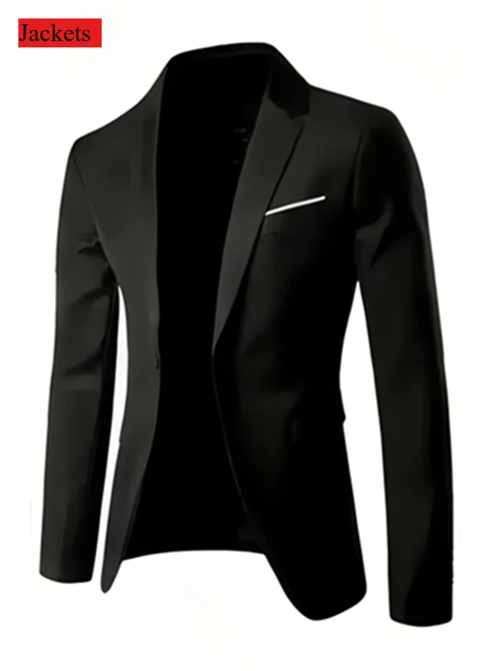 Black slim fit men's tuxedo suit set for weddings and formal occasions, featuring a tailored jacket and matching trousers.