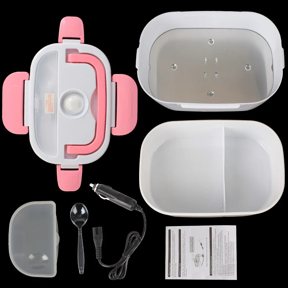 Showlu Electric Heated Lunch Box in black, portable 12V and 220V food warmer with lid and handle for on-the-go heating.