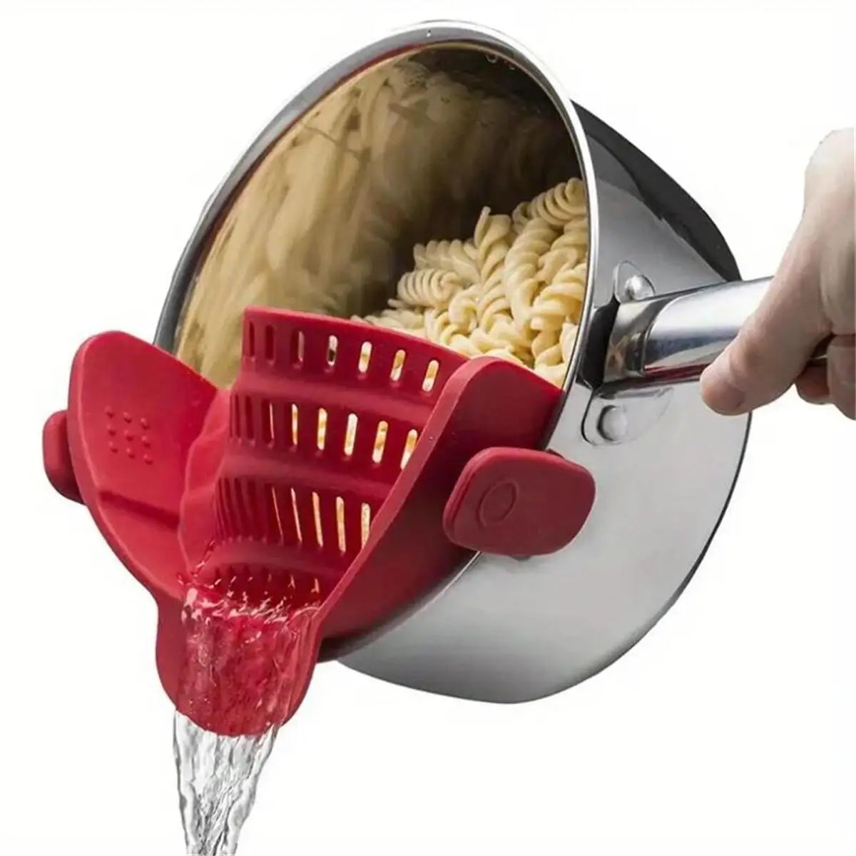 Showlu Smart General clip-on pot strainer attached to a pot for easy draining and straining of liquids and foods.