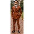 Men's orange grid suit by Showlu Fashion; slim fit double-breasted 2-piece formal set with tailored blazer and matching trousers.