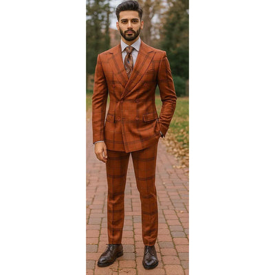 Showlu Men's Orange Grid Suit | Slim Fit Double Breasted 2-Piece Formal Set