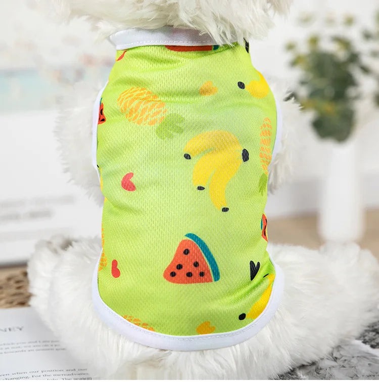 Cartoon polyester dog vest for puppies, quick-drying Wang Shan Meow Meow design, lightweight and comfortable for small dogs.