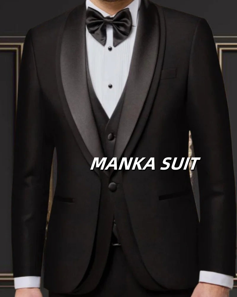 Elegant black tuxedo suit for men with shawl lapel, single-breasted blazer, vest, and pants for formal wedding or party occasions.