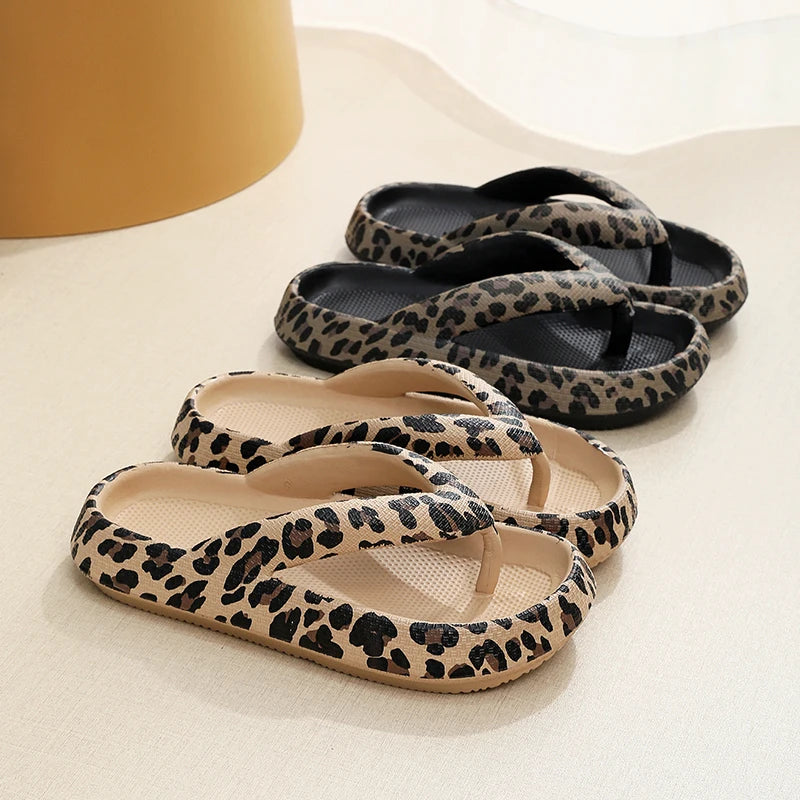 Leopard print women's summer flip-flops by Showlu with soft thick soles, perfect for beach, travel, and vacation comfort.