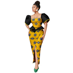 Africa Ankara Printed Women's Dress Short Sleeve Patchwork Square Neck Bubble Sleeve Split Dresses 2425186