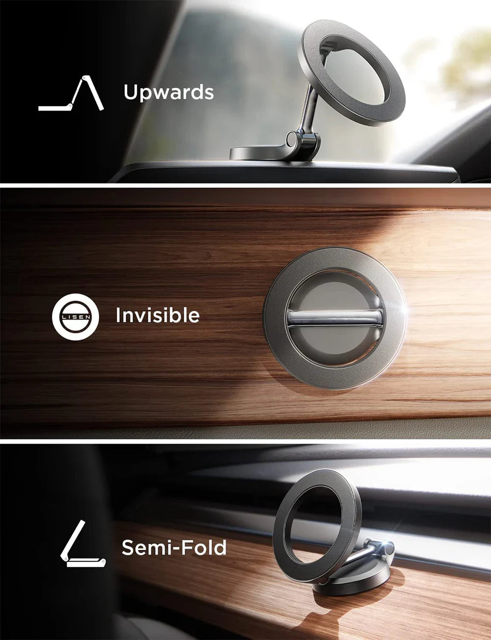 SHOWLU MagSafe Car Phone Holder for iPhone 14 and 13, 1080-degree rotation, mounted on a car dashboard.