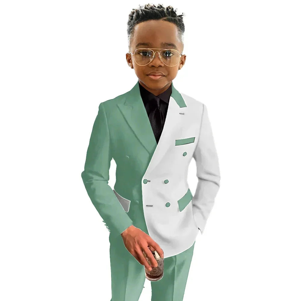 SHOWLU Boys 2-Piece Double Breasted Wedding Tuxedo Suit in cotton wool with lapel collar and button details, tailored for formal occasions.