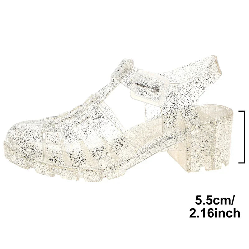 Clear high heels and transparent sandals for women with sequins, thick heels, and closed toes, perfect for summer beachwear.