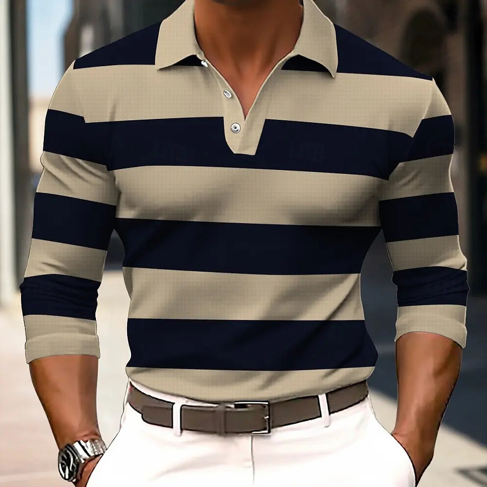 Men's striped rugby long sleeve polo shirt with lapel, casual sportswear by Showlu, suitable for outdoor, office, and daily wear.