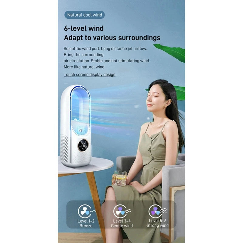 Showlu Smart General Donirt USB bladeless air cooler fan on a desk, compact design with adjustable airflow and modern appearance.