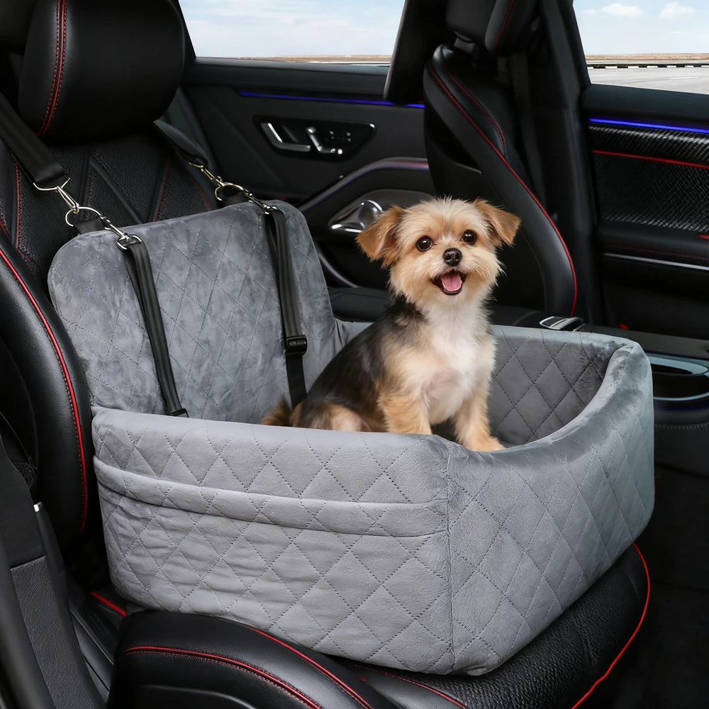 Warm portable dog car seat by Showlu Fashion Store with washable cushion, safety belt, and storage pocket for small to medium pets.