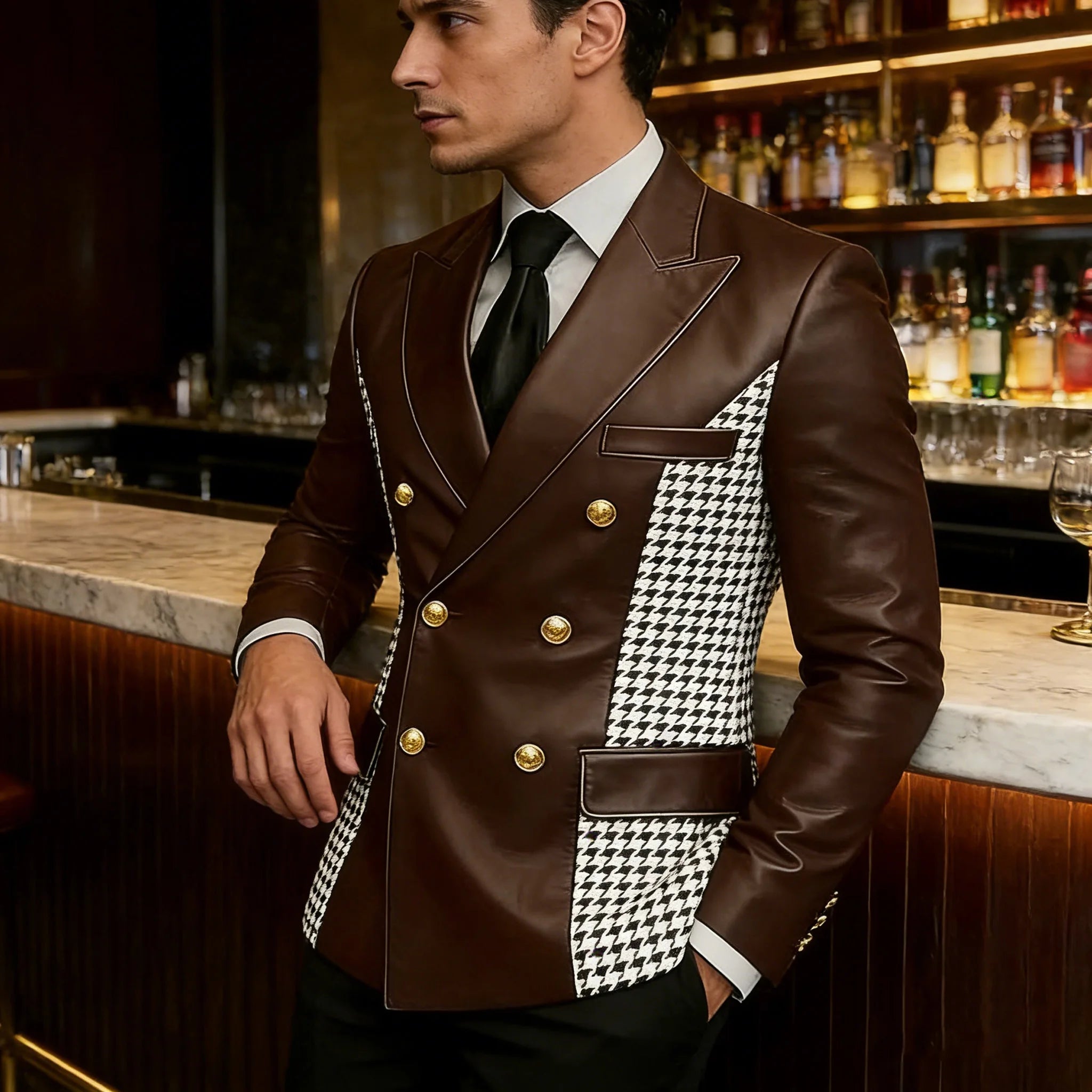 Men’s brown leather blazer with houndstooth side panels, double-breasted style, slim fit, gold buttons, vintage tuxedo jacket.