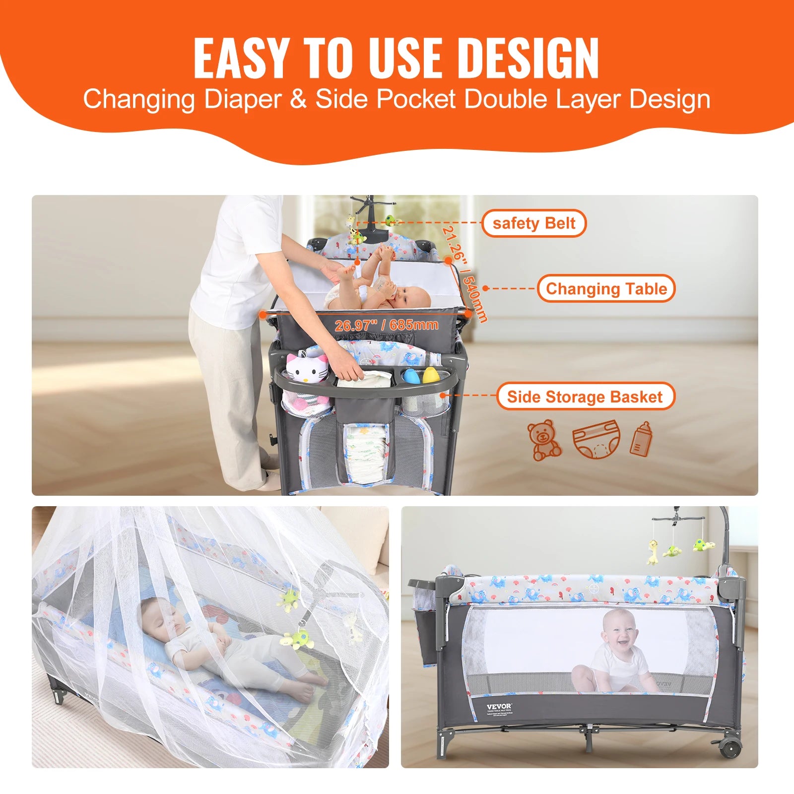 Showlu Fashion Store baby bassinet with storage basket, wheels, and foldable design, supporting up to 77 pounds for easy bedside sleeping