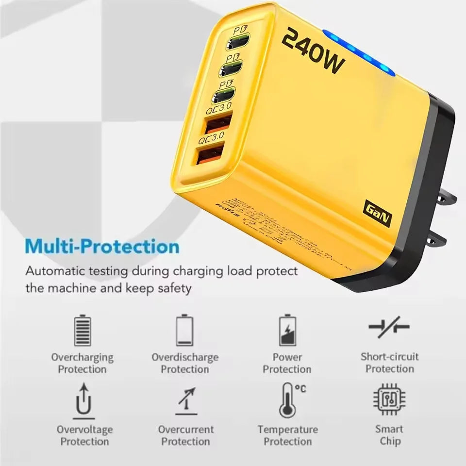 240W GaN 5 in 1 Fast Charging Phone Charger USB C Charger Power Adapter Type C EU/US Plug Wall Charger For iPhone Samsung Xiaomi