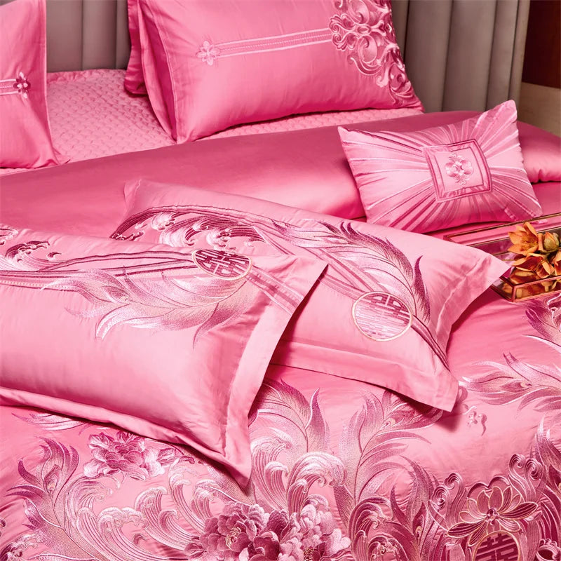 Pink Luxury Chinese Style Wedding Bedding Set Satin Jacquard Egyptian Cotton Peony Embroidery Duvet Cover Bed Sheet Pillowcases