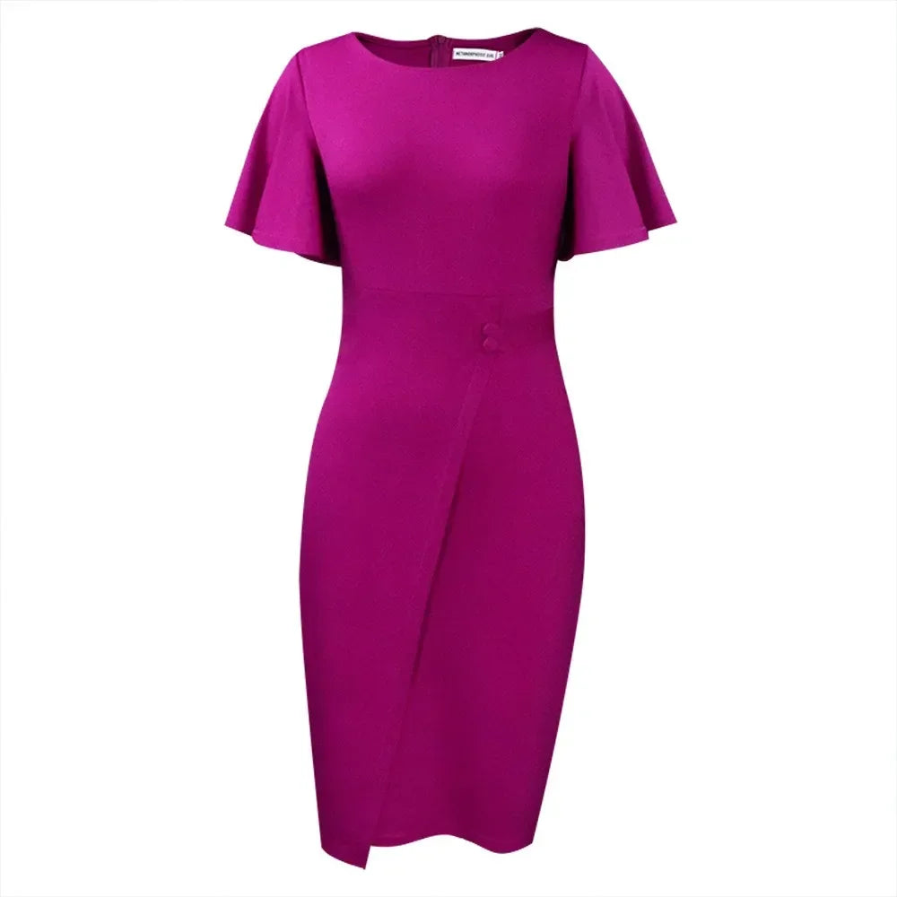 Green women's mid-calf bodycon party dress with ruffle details, slim fit, elegant style, perfect for festive occasions.