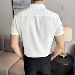 Thin Waffle Shirt, Non-Ironing Business Slim Shirt, Men's Short Sleeve Shirt Brown，Exquisite Business Short-Sleeved Shirt