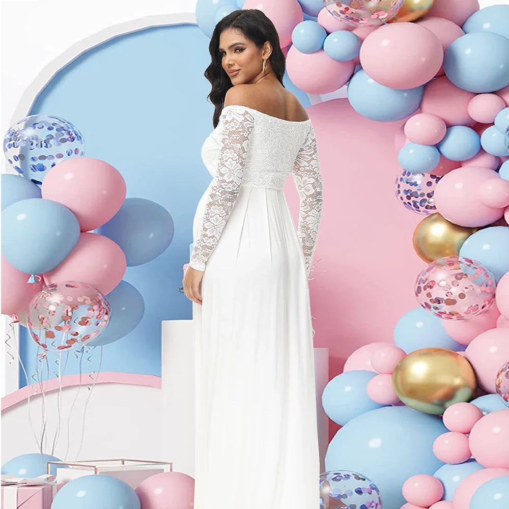 SHOWLU V-Neck Lace Maternity Photography Gown in elegant chiffon, maxi dress with lace details perfect for maternity photoshoots
