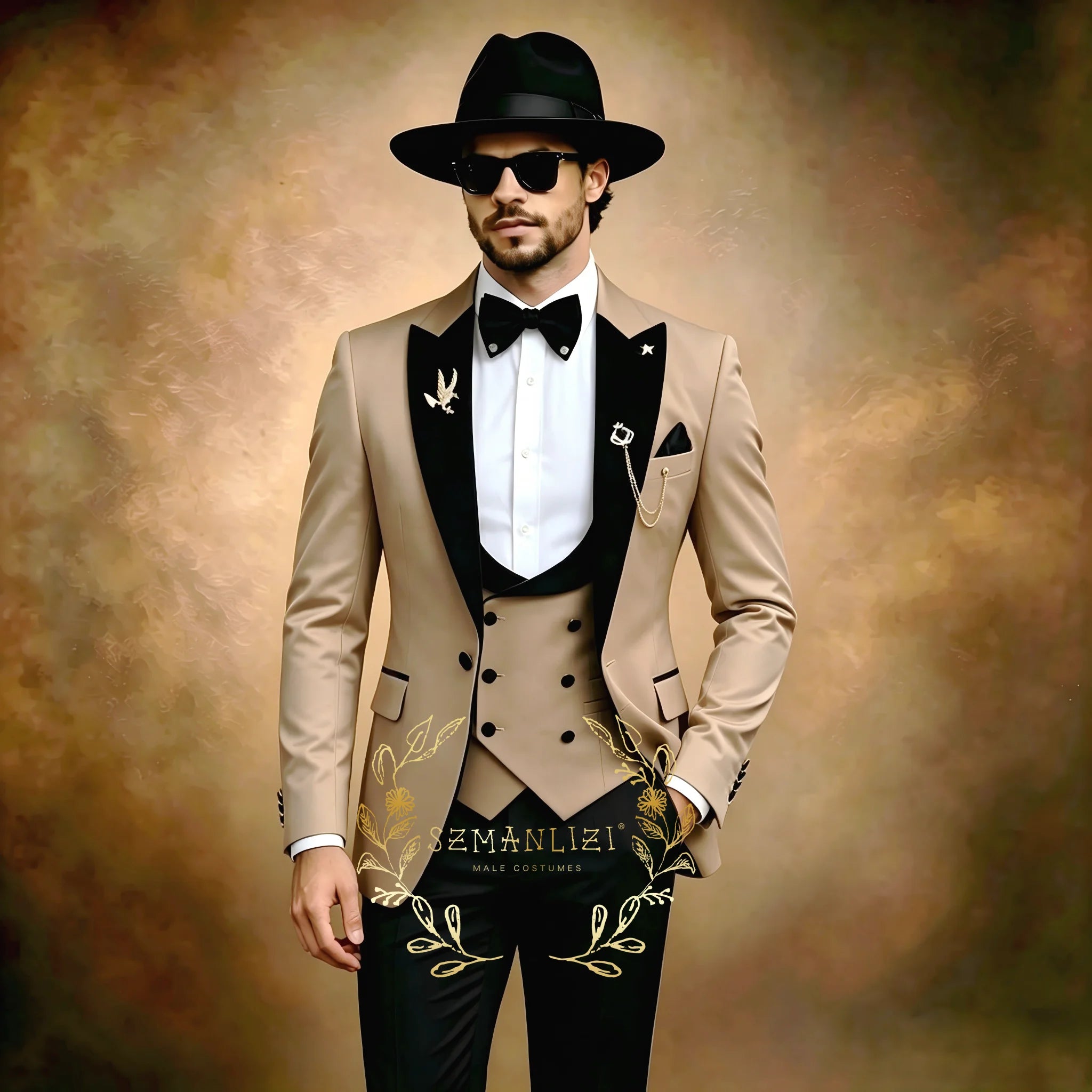 Beige formal men's 3-piece tuxedo suit with peaked lapel, blazer, pants, and vest for wedding, groomsmen, or business events.