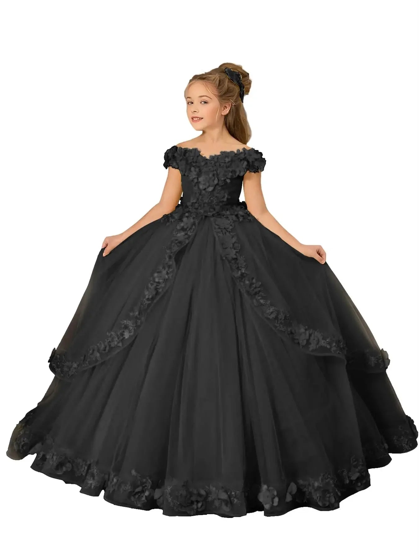 Yellow flower girl dress by Showlu Fashion with beading, appliqué details, perfect for pageants, birthdays, and communions for girls.