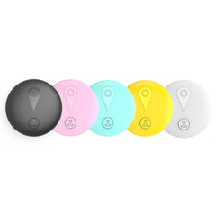 Five circular anti-lost tracking devices are lined up in black, pink, blue, yellow, and white.