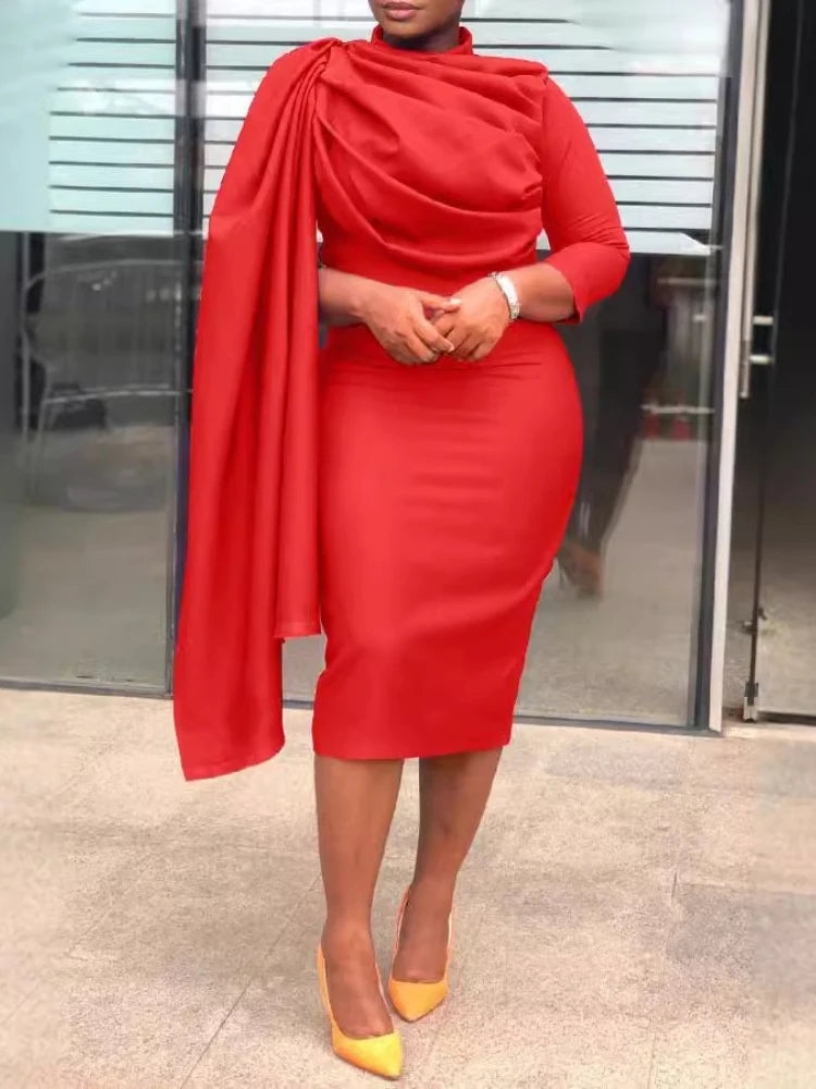 AOMEI Solid Pencil Slim Evening Dress for Women Folds Mid Calf Asymmetrical Half High Collar Three Quarter Outfits 2025