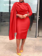 AOMEI Solid Pencil Slim Evening Dress for Women Folds Mid Calf Asymmetrical Half High Collar Three Quarter Outfits 2025