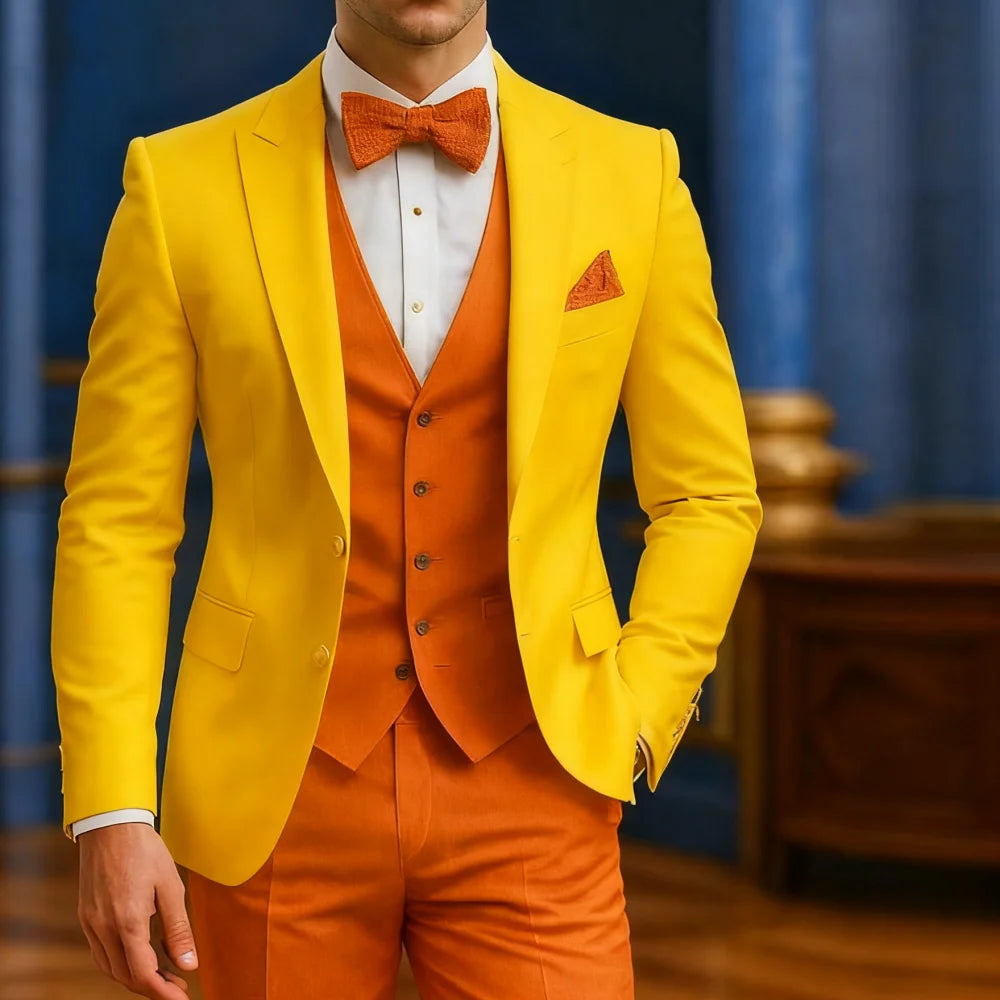 Men's white and orange 3-piece tuxedo suit by Showlu Fashion Store, perfect for wedding, graduation, or formal occasions.