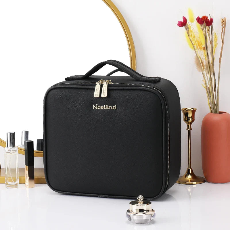 SHOWLU travel makeup bag with LED lighted mirror, PU leather toiletry case, compact and stylish for organizing beauty essentials.