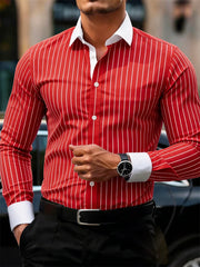 Men's business casual striped long-sleeved shirt, stylish design with lapel and contrasting color splicing, men's casual top.