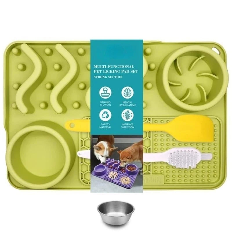 Turquoise silicone slow feeder mat for pets with aluminum bowl, 17x11x2 inches, helps reduce boredom and anxiety in dogs and cats.