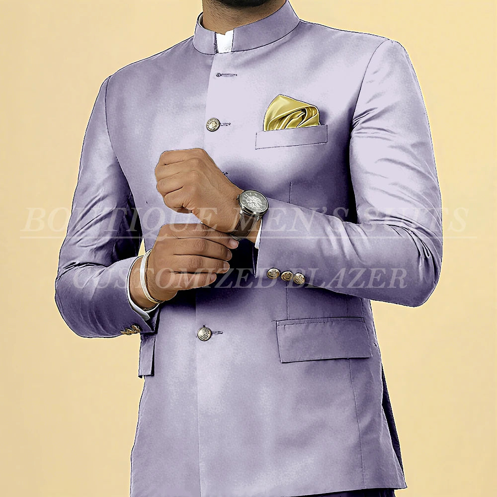 Elegant men's slim fit wedding suit with single-breasted blazer and matching pants, stylish stand lapel, tailored for formal occasions