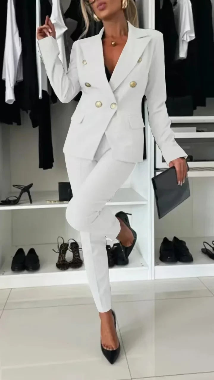Women Office Smart Clothes Set 2pcs Blazer Double Breasted Button Solid Color Jacket & High Waist Slim Pencil Pants SHOWLU FASHION STORE