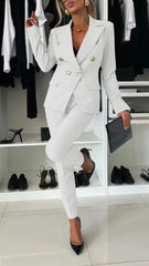 Women Office Smart Clothes Set 2pcs Blazer Double Breasted Button Solid Color Jacket & High Waist Slim Pencil Pants SHOWLU FASHION STORE