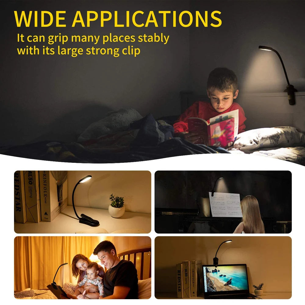Showlu Smart General Claeted rechargeable clip reading light attached to a book, compact LED reading light with flexible clip.