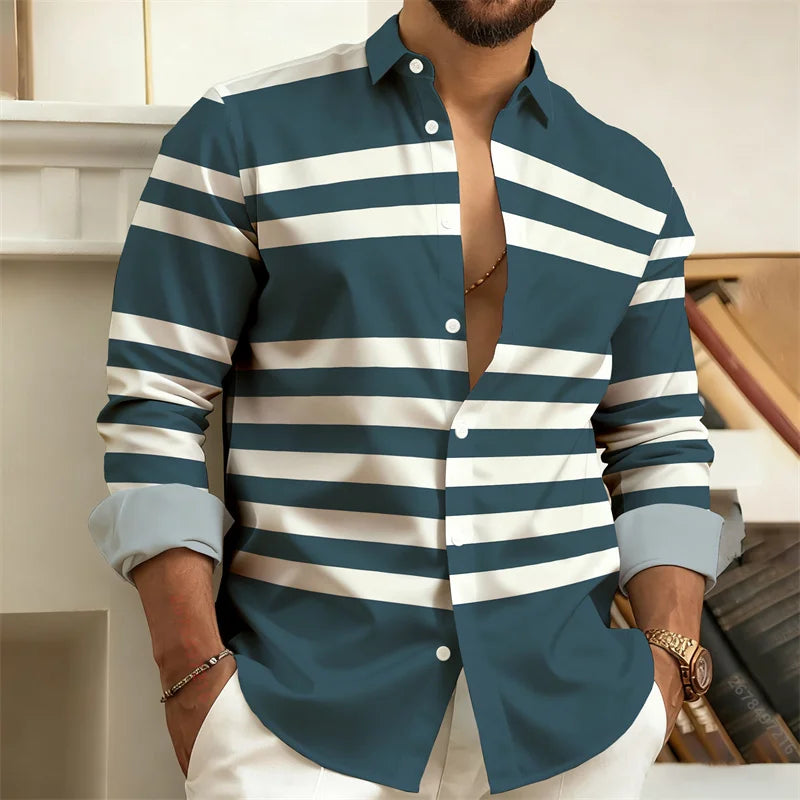 Men's striped long-sleeved casual shirt with lapel, outdoor street style, comfortable fabric, by Showlu Fashion Store.