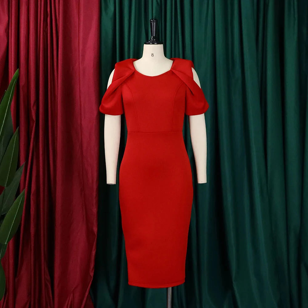 SHOWLU Women's cold shoulder sheath party dress in solid color, mid-calf length, stylish and elegant for evening occasions.