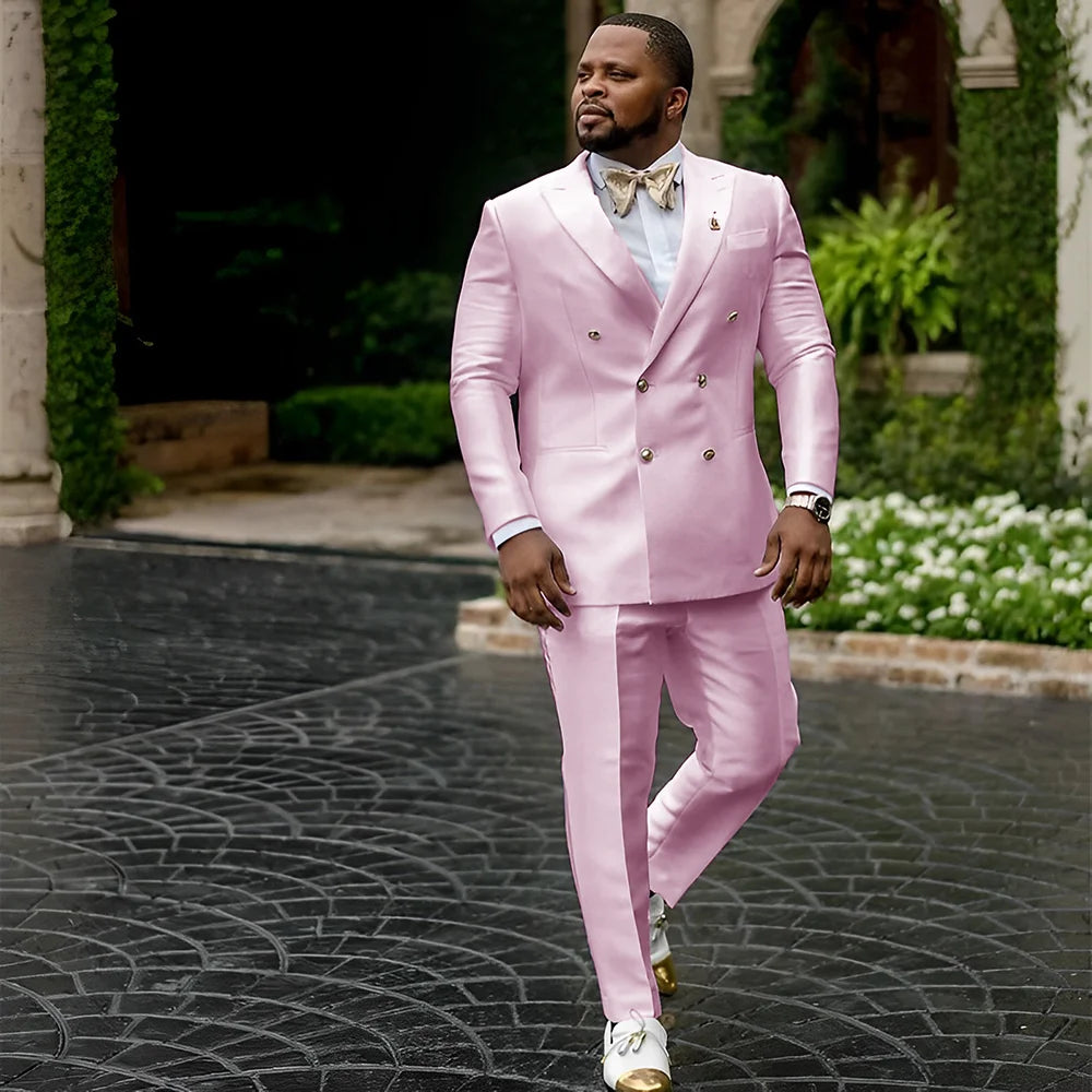 Showlu men's white satin tuxedo with double-breasted jacket and matching pants, elegant formal wedding suit for men.