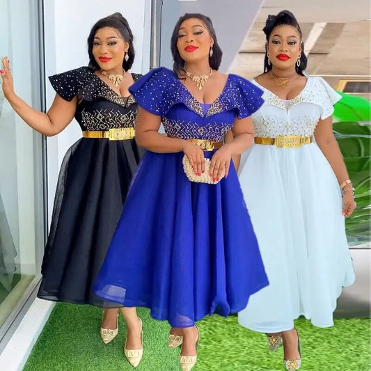 Elegant Summer Short Sleeve Dress Glitter Rhinestone Evening Party Slim Dresses A-Line Gown Women African Clothes L-3XL