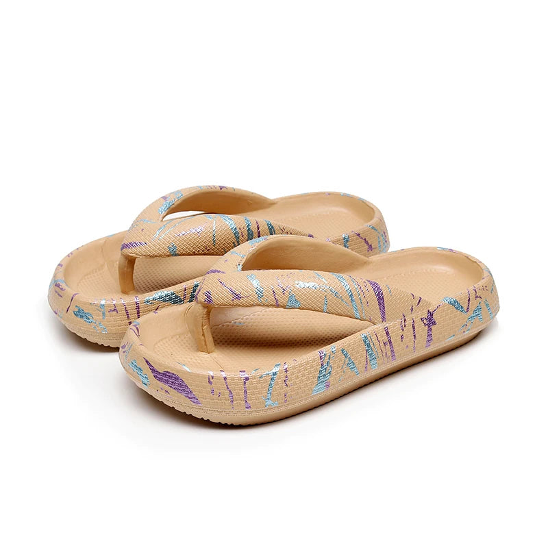 Leopard print summer women’s comfort flip-flops with thick soles, soft cloud slippers, ideal for beach travel and vacation.