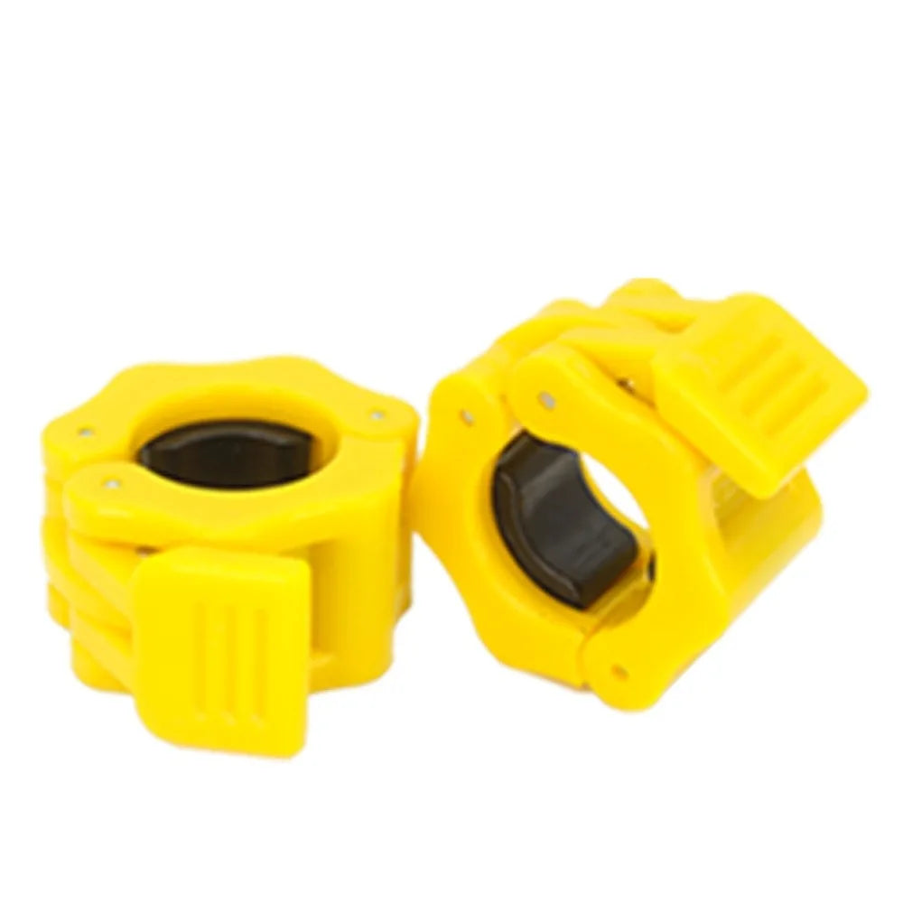 Pair of Showlu Fitness barbell clamps with quick release hexagon design and plastic universal collars for secure weight lifting.